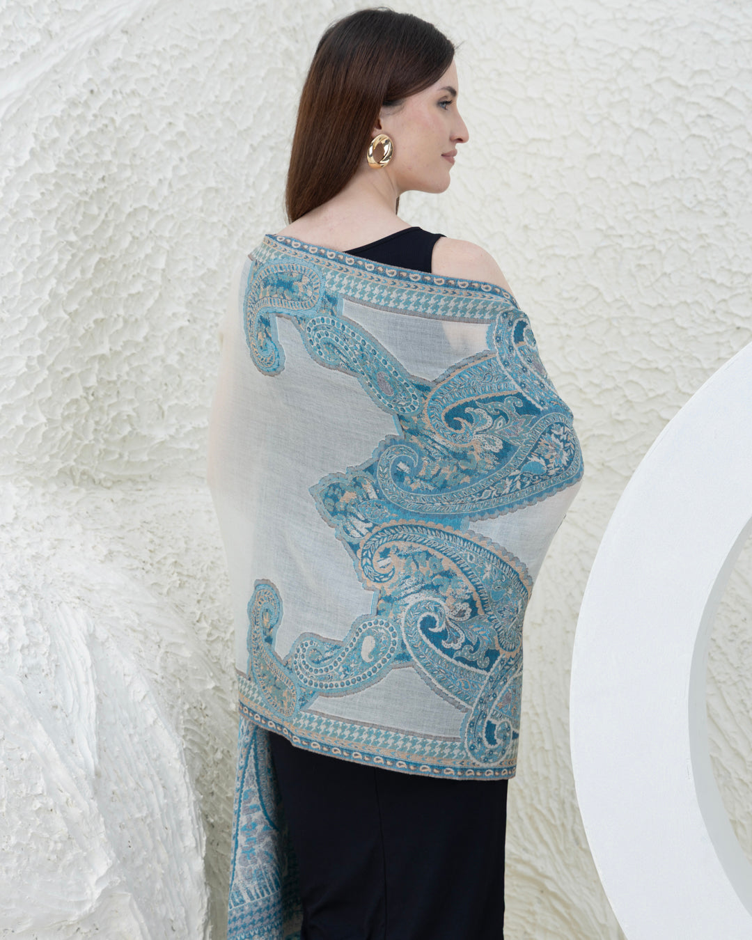 White Turquoise Merino Wool Shawl