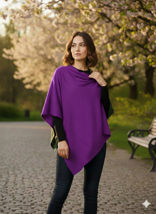 Cashmere Merino Wool Poncho With Button Purple
