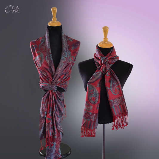 Turquoise Red Paisley Silk Shawl