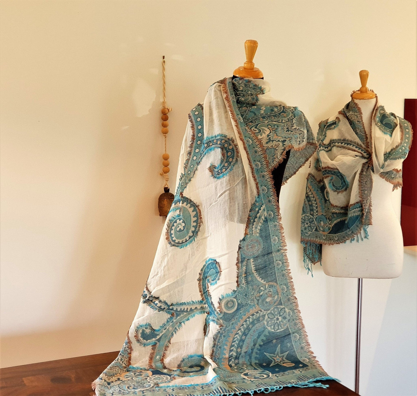 White Turquoise Fray Merino Wool Shawl - Opal Merino