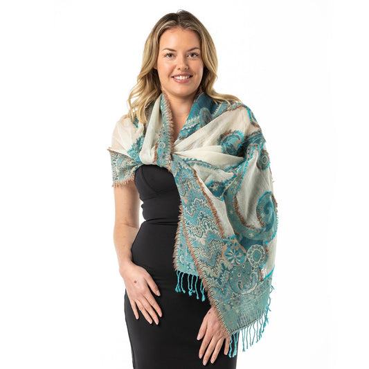 White Turquoise Fray Merino Wool Shawl - Opal Merino