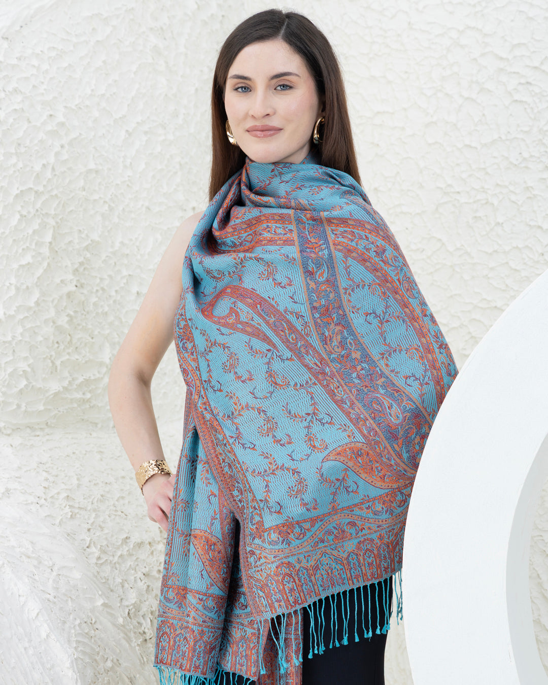 Bohemian Burnt Orange & Turquoise Pure Silk Shawl