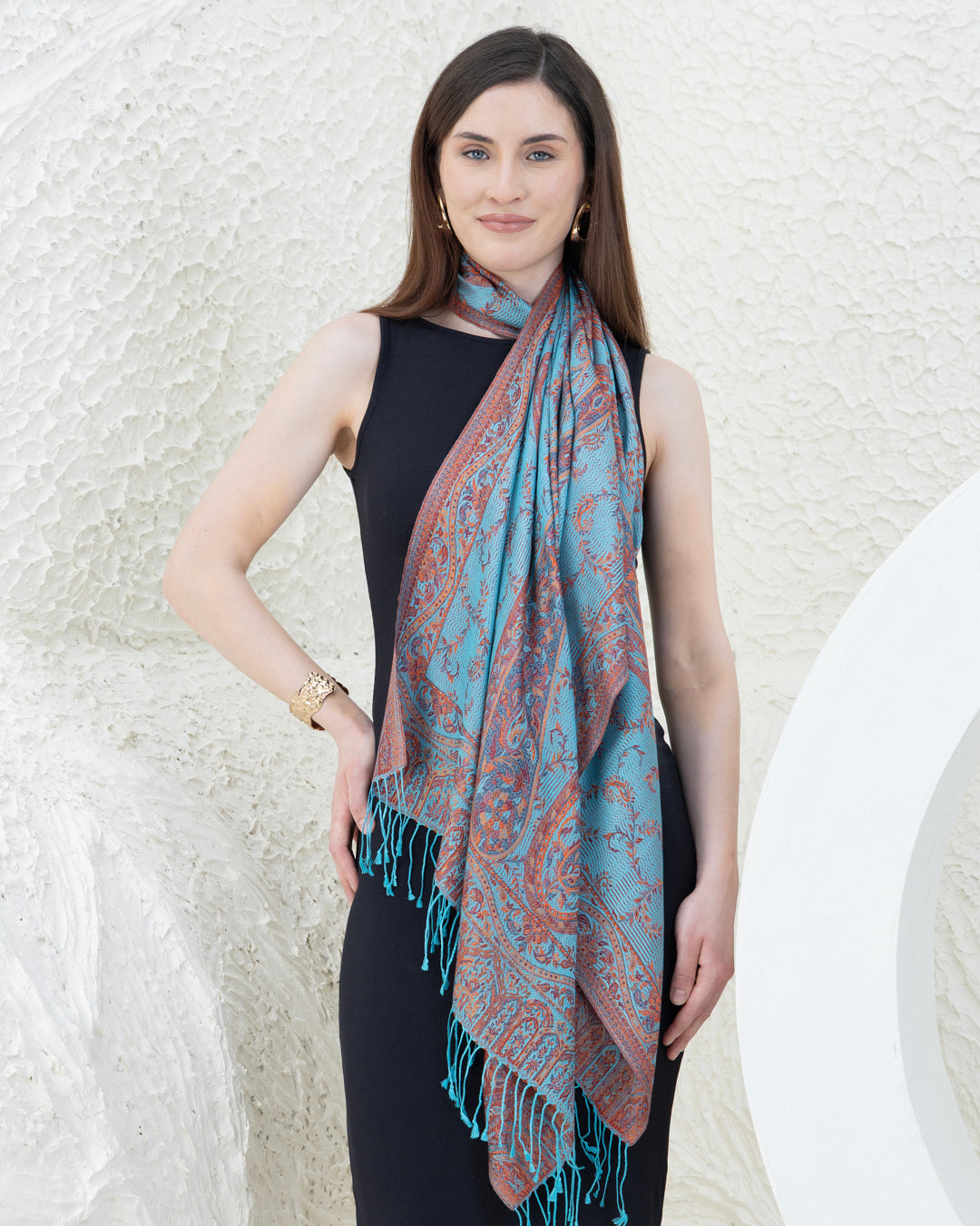 Bohemian Burnt Orange & Turquoise Pure Silk Shawl