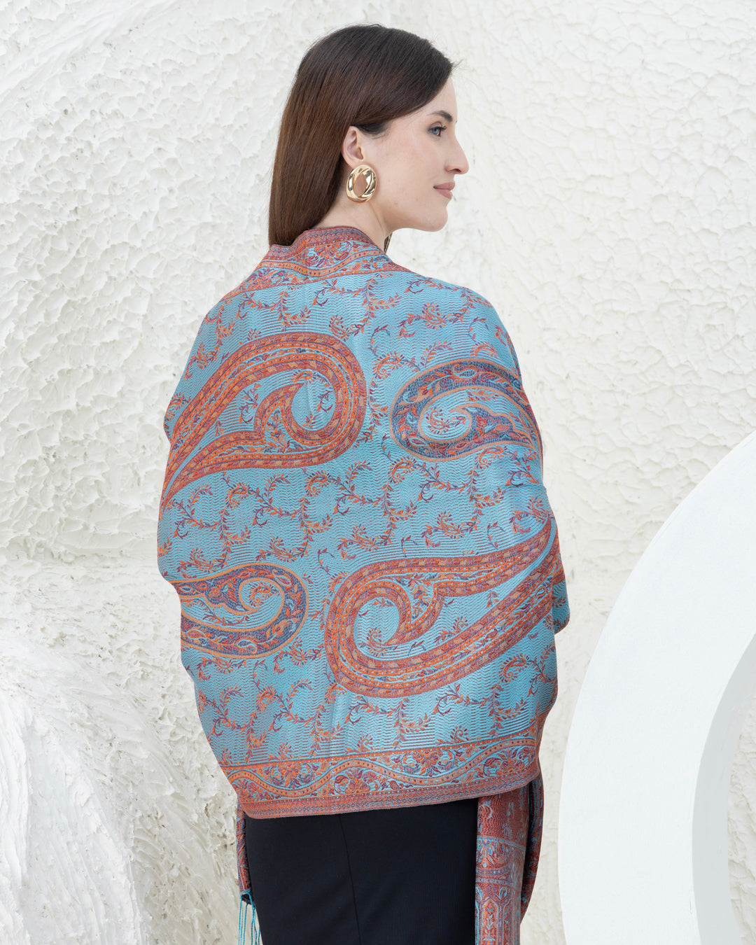 Bohemian Burnt Orange & Turquoise Pure Silk Shawl