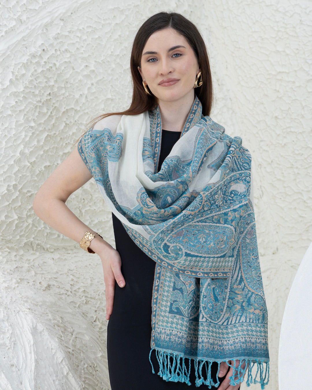White Turquoise Merino Wool Shawl