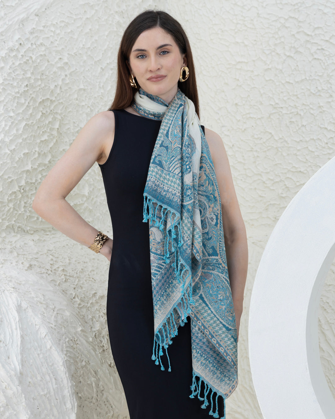 White Turquoise Merino Wool Shawl