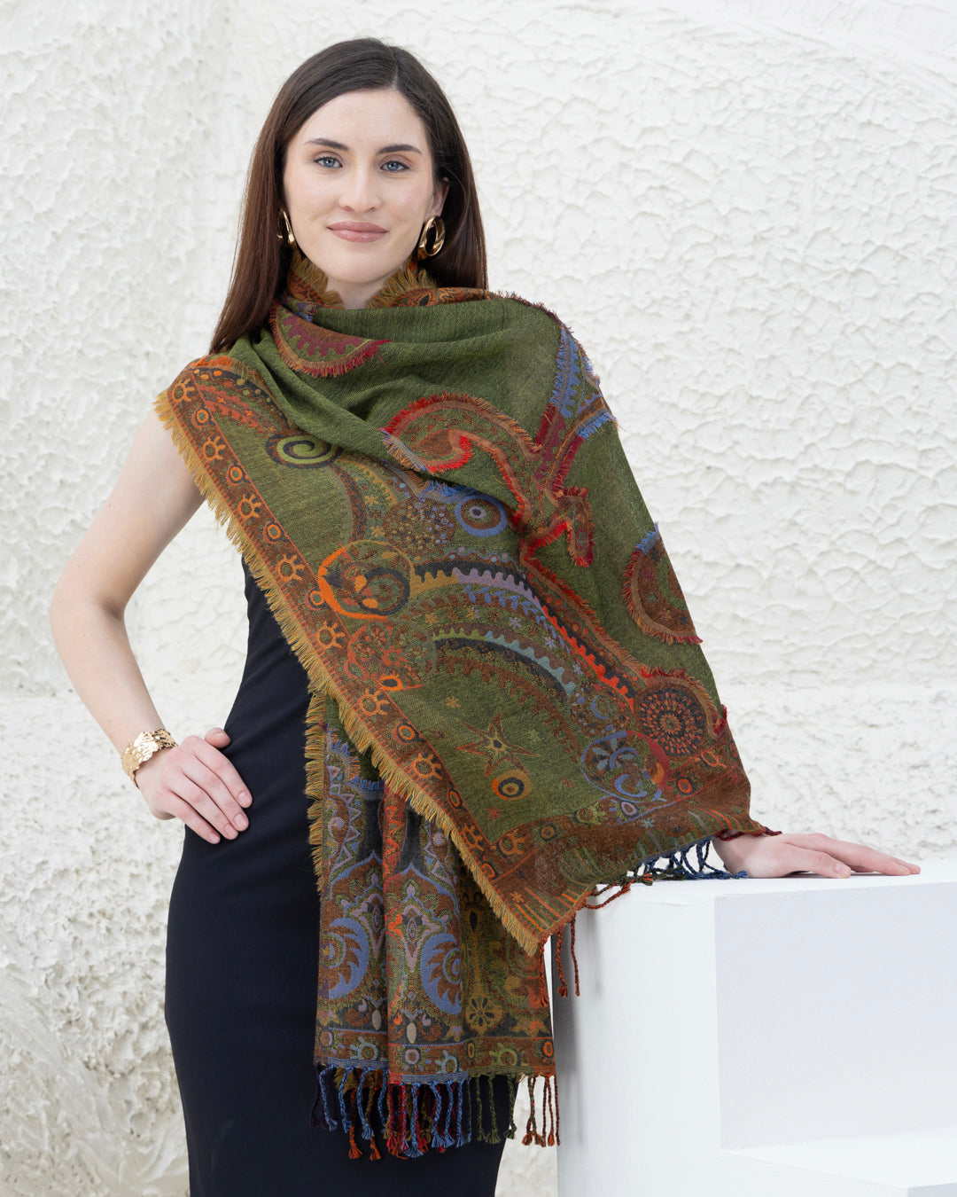 Green Fray Merino Wool Shawl