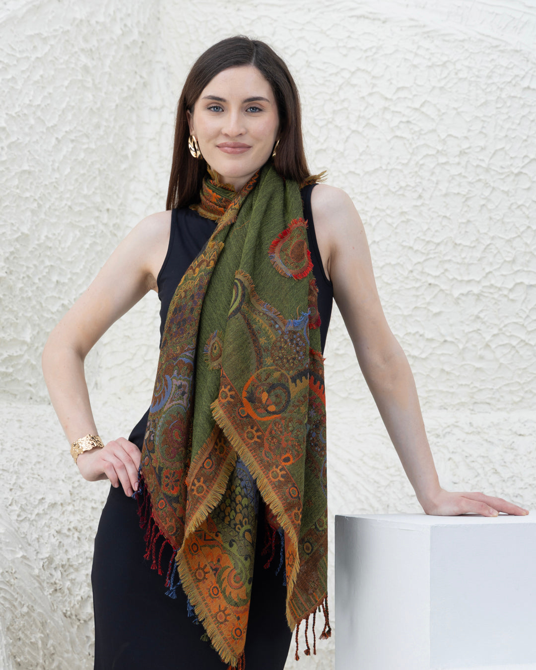 Green Fray Merino Wool Shawl