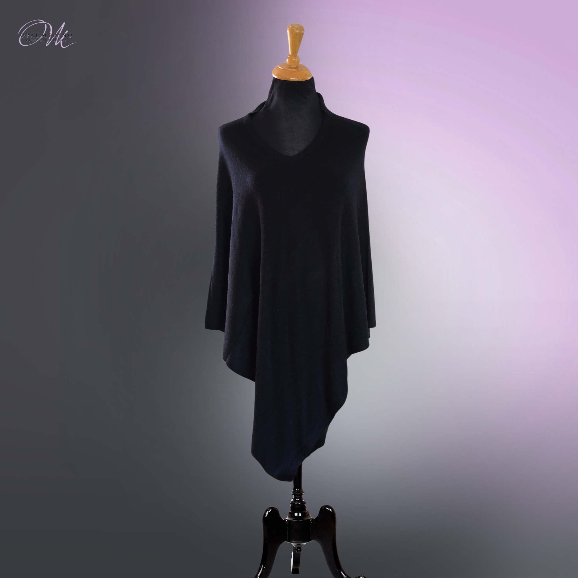 Plain Black Poncho V-Neck Merino & Cashmere Blend – Opal Merino