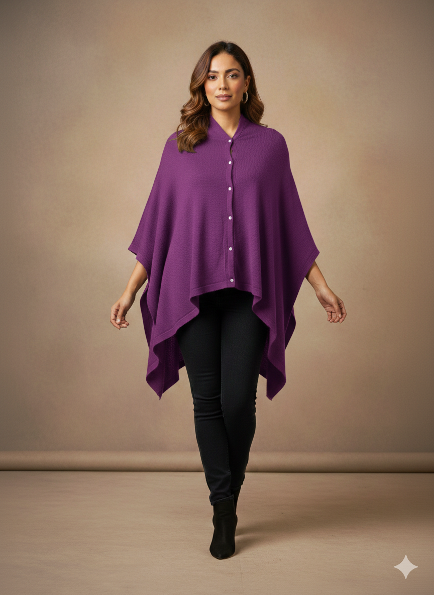 Cashmere Merino Wool Poncho With Button Purple