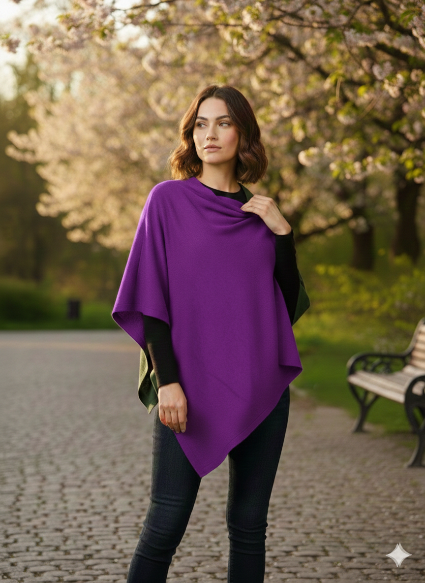 Cashmere Merino Wool Poncho With Button Purple