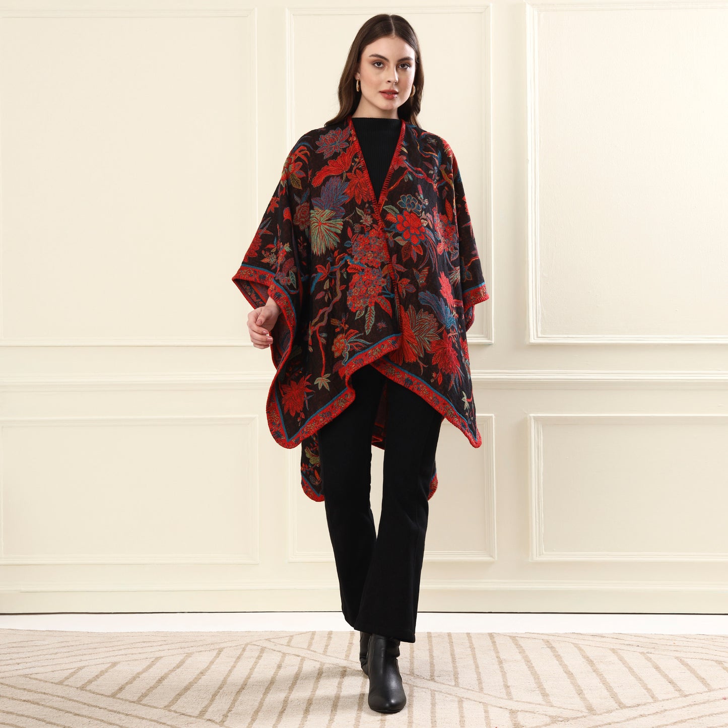 Capes & Ruanas Black & Red Peacock
