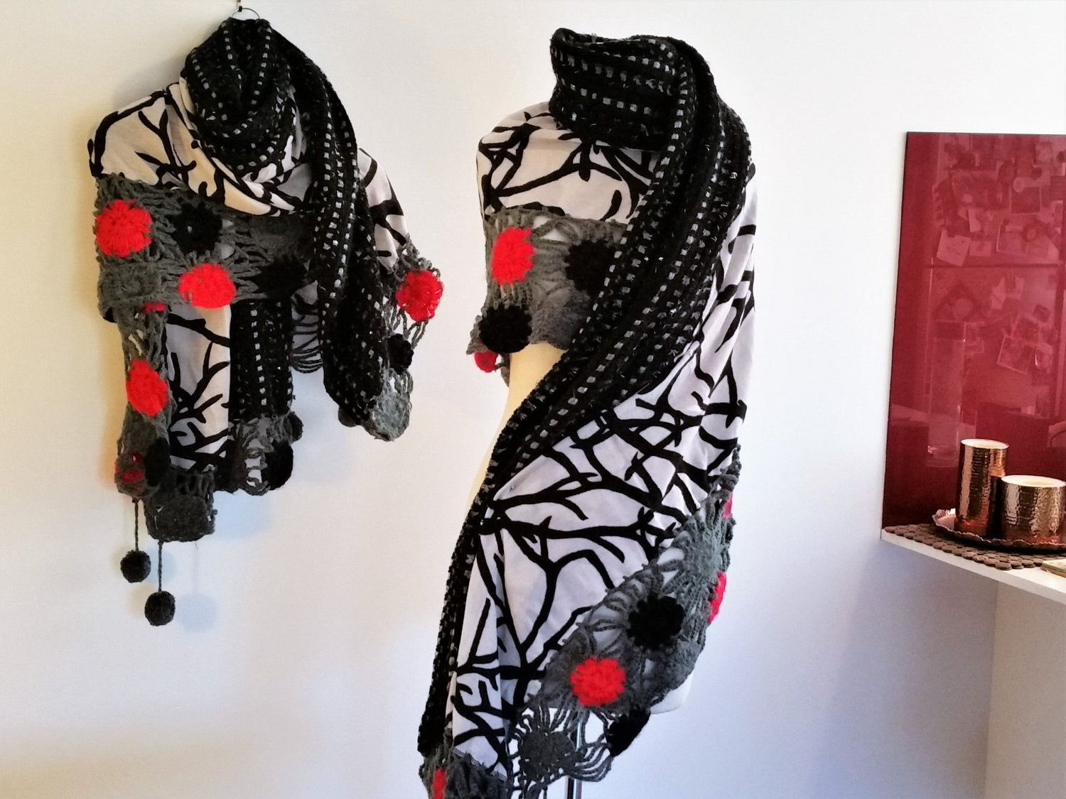 Black-Red Crochet' Merino Shawl - Opal Merino