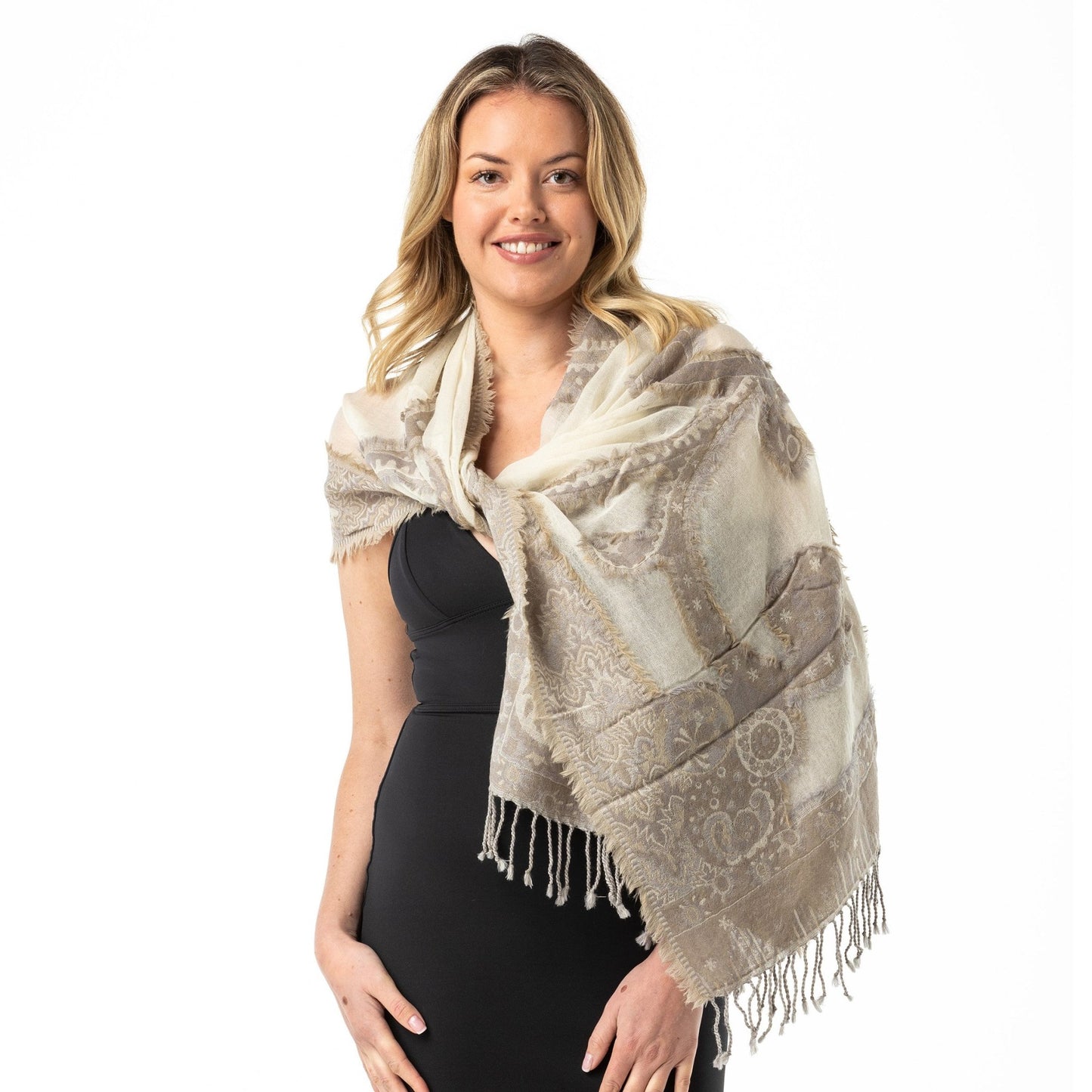 Neutral Fray Merino Wool Shawl - Opal Merino